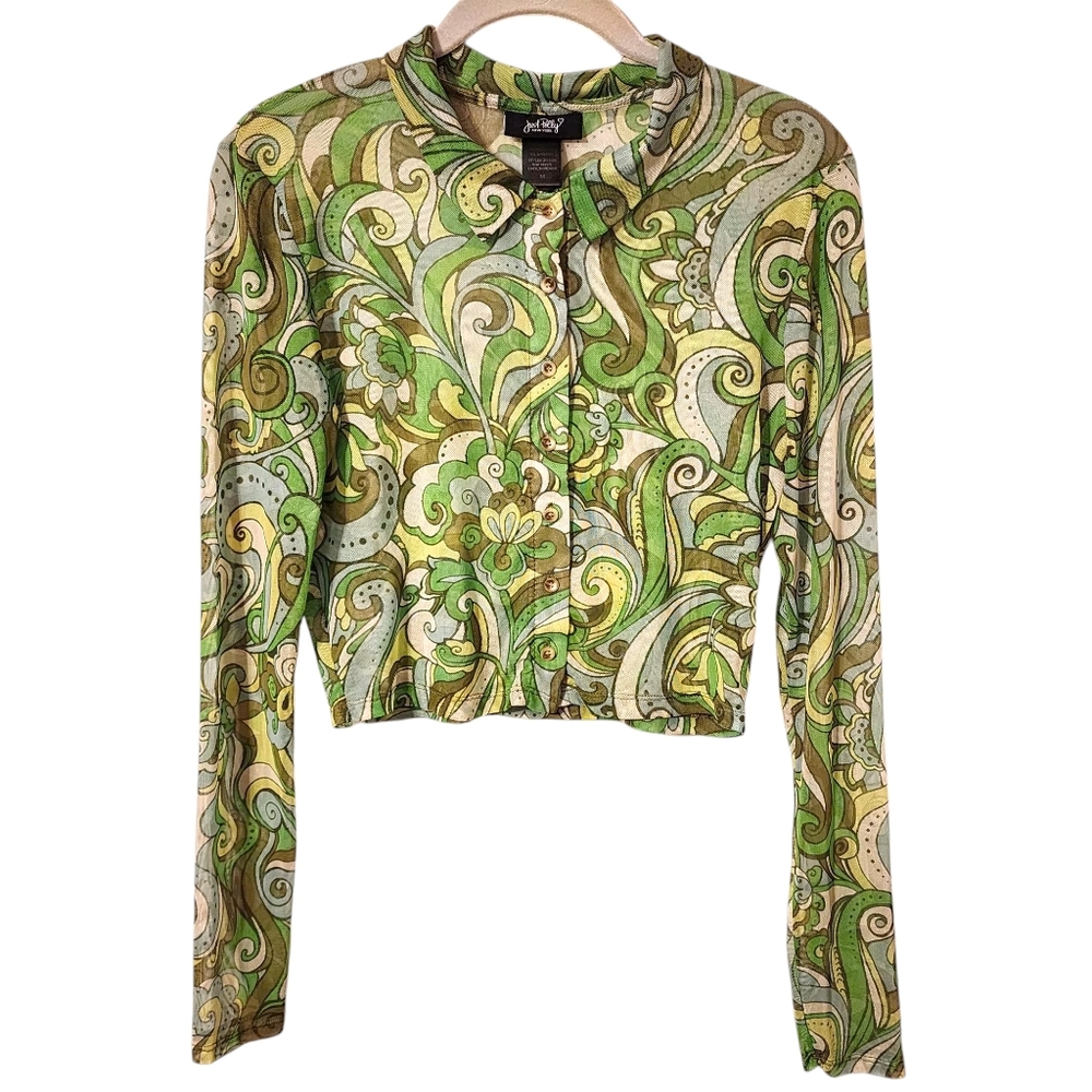 Just Polly New York Sheer Mesh Cropped Button Down Top Size Medium